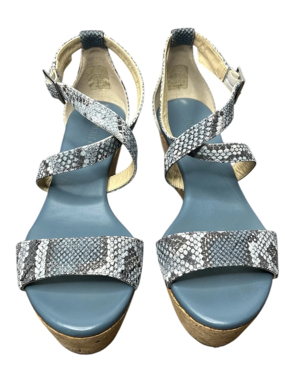 Jimmy Choo Portia Snake Embossed Cork Wedge Sandals Platform Designer Size 37.5